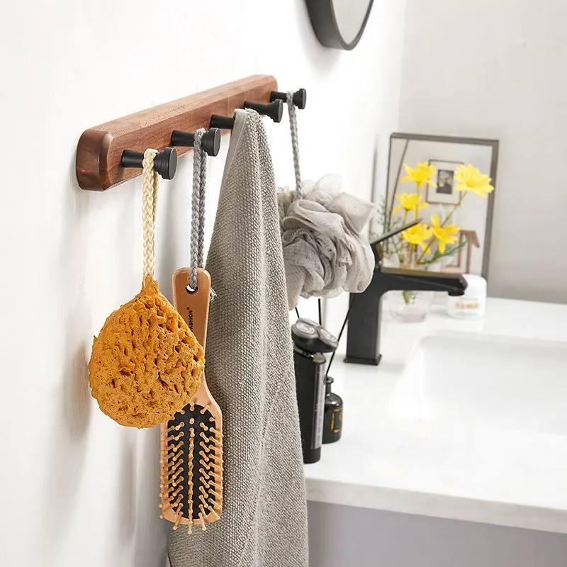 

Solid Wood Bathroom Hooks Wall Hanging Hanger Toilet Wall Mounted Entry Door Back Coat Cap Clothes Coat Hook Row Hook Black