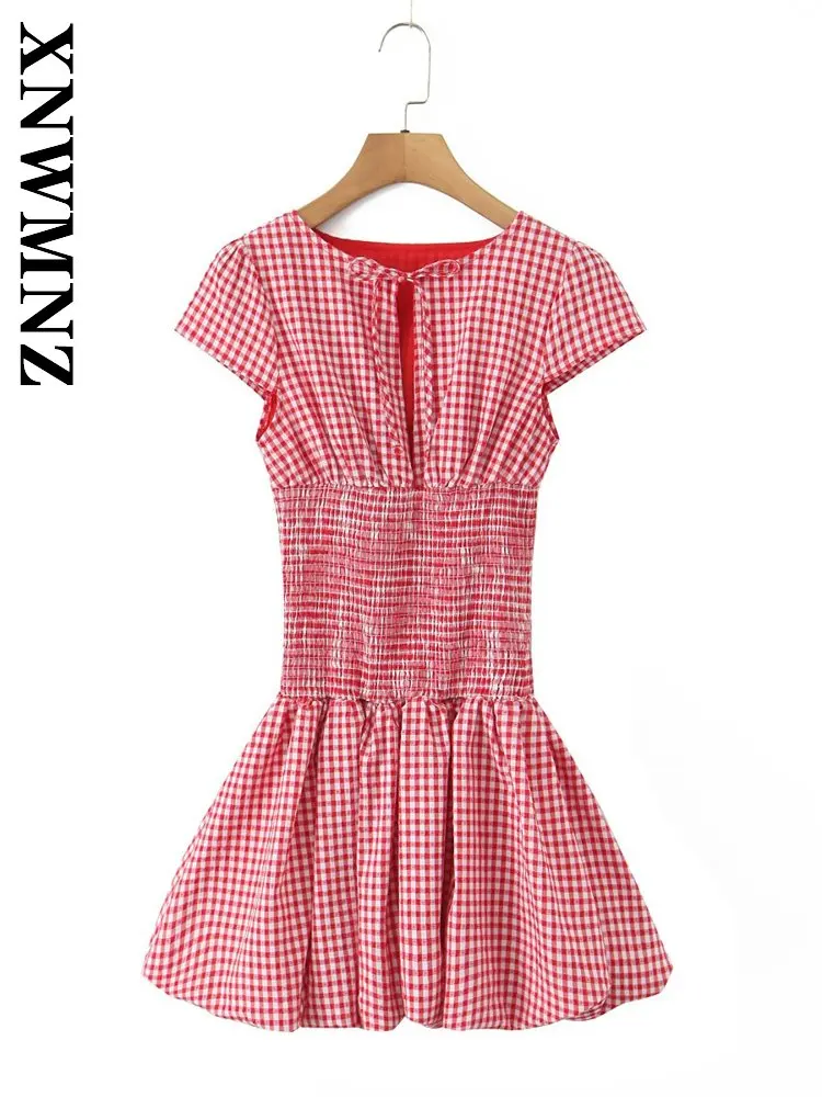 

XNWMNZ 2026 Summer Woman club Vintage Short Sleeve O-Collar Short Dress Sexy Party Spring Woman's Fashion Thin Slim Dresses Tie