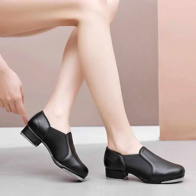 Elastic Opening Straight Sole Tap Dance Shoes Women Black Imitation Leather Sneakers Step Dance Shoes Children Large Size