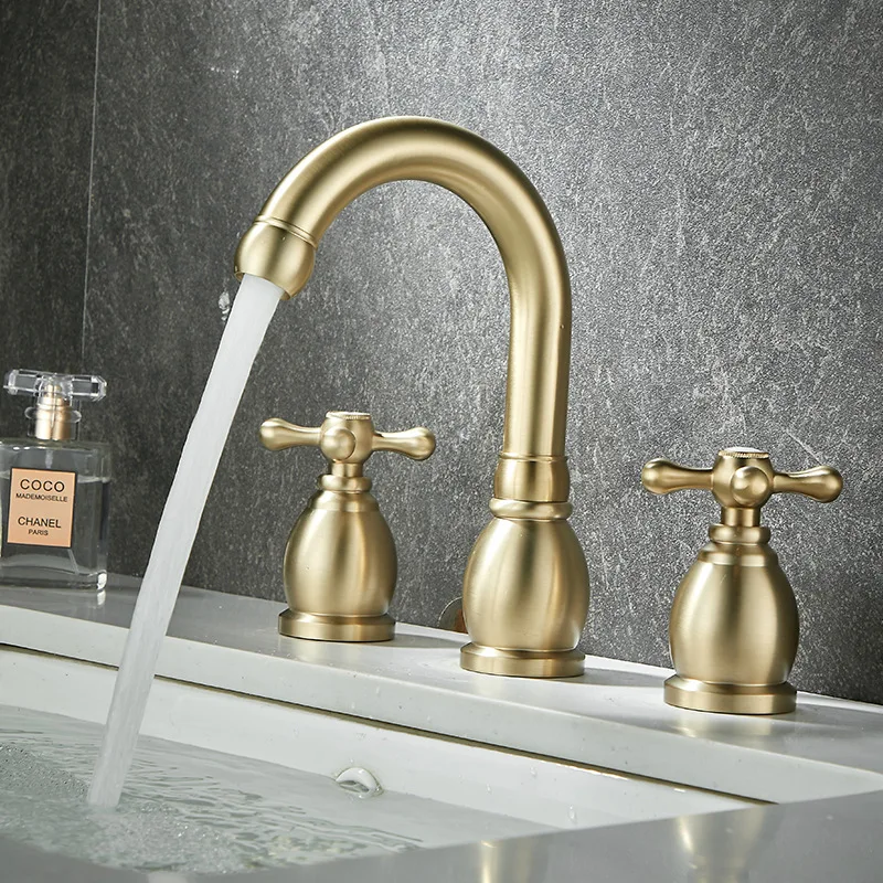 Brass Brushed Gold Three-hole Basin Faucet Deck Mounted Bathroom Sink Faucet Double Handle 3 Hole Hot Cold Mixer Tap