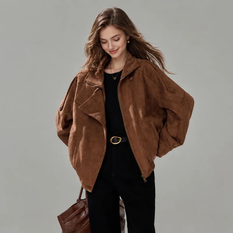 Vintage Brown Cropped Bomber Coat, Stand Collar Zip‑Up Loose Fit Women Casual Streetwear Jacket