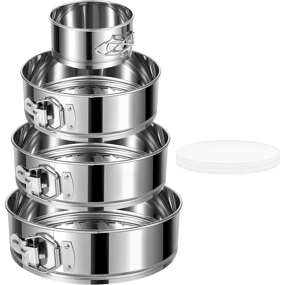 

4-Piece Stainless Steel Springform Pan Set with Removable Bottoms, Nonstick for Cheesecake Baking, Includes 50 Paper Liners