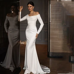 Simple Satin Mermaid Wedding Dress Boat Long Sleeve Backless Elegant Long Sleeve For Women Bridal Gowns Customize To Women Cus