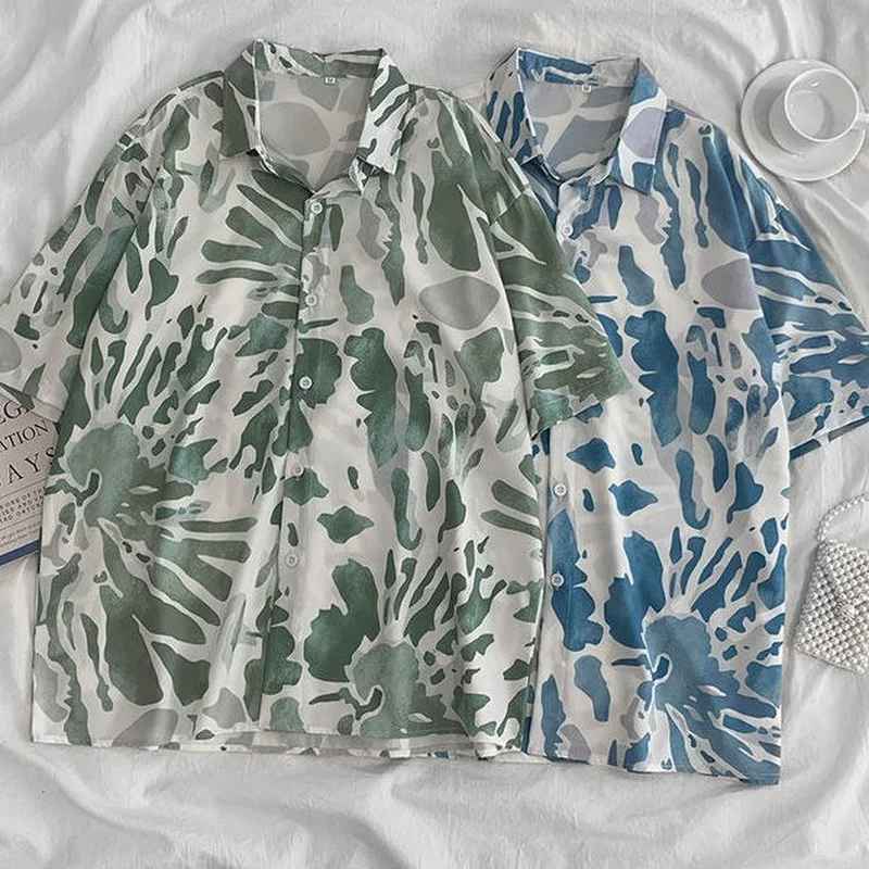 

Women Short Sleeve Shirts Tie Dye Print Retro Harajuku Streetwear Bf Style Chic Hipsters All-match Ulzzang Leisure Cool Blouses