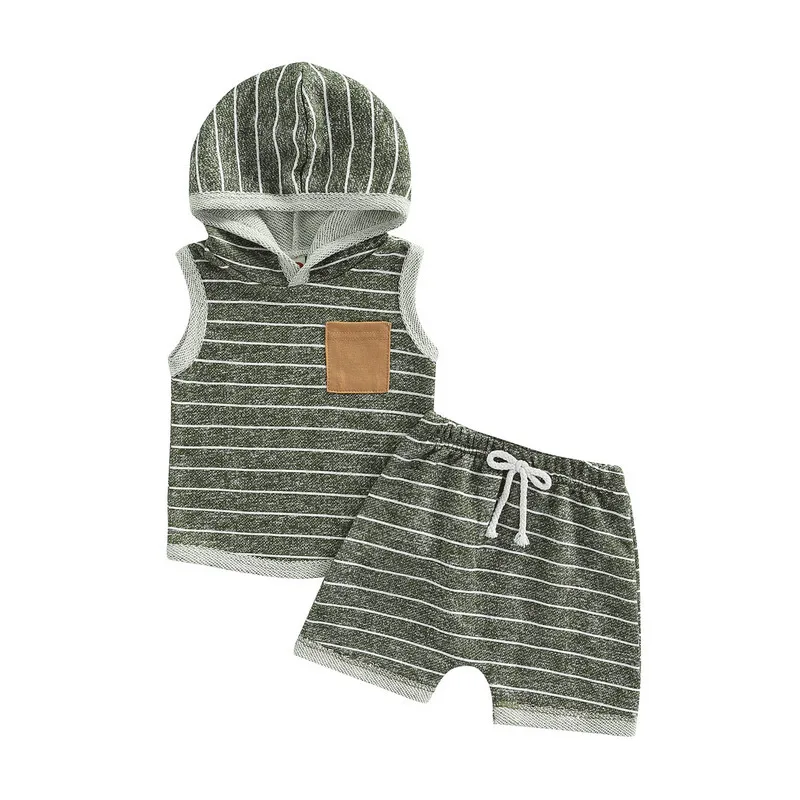 

Newborn Baby Boy Short Sets Summer Clothes Sleeveless Hooded Striped Vest Tops Sweatshirt Drawstring Shorts 0 to 3 Years