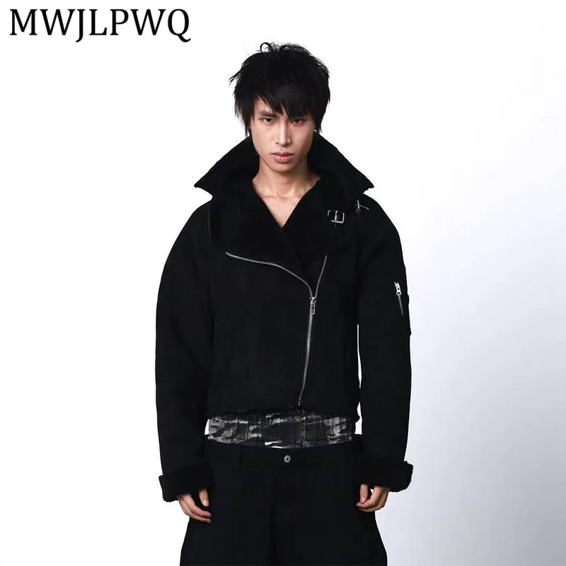 

MWJLPWQ Diagonal Zipper Suede Lambswool Metal Cotton Jacket Men's High Street Long Sleeve Stand Collar Thickened Coats 14734