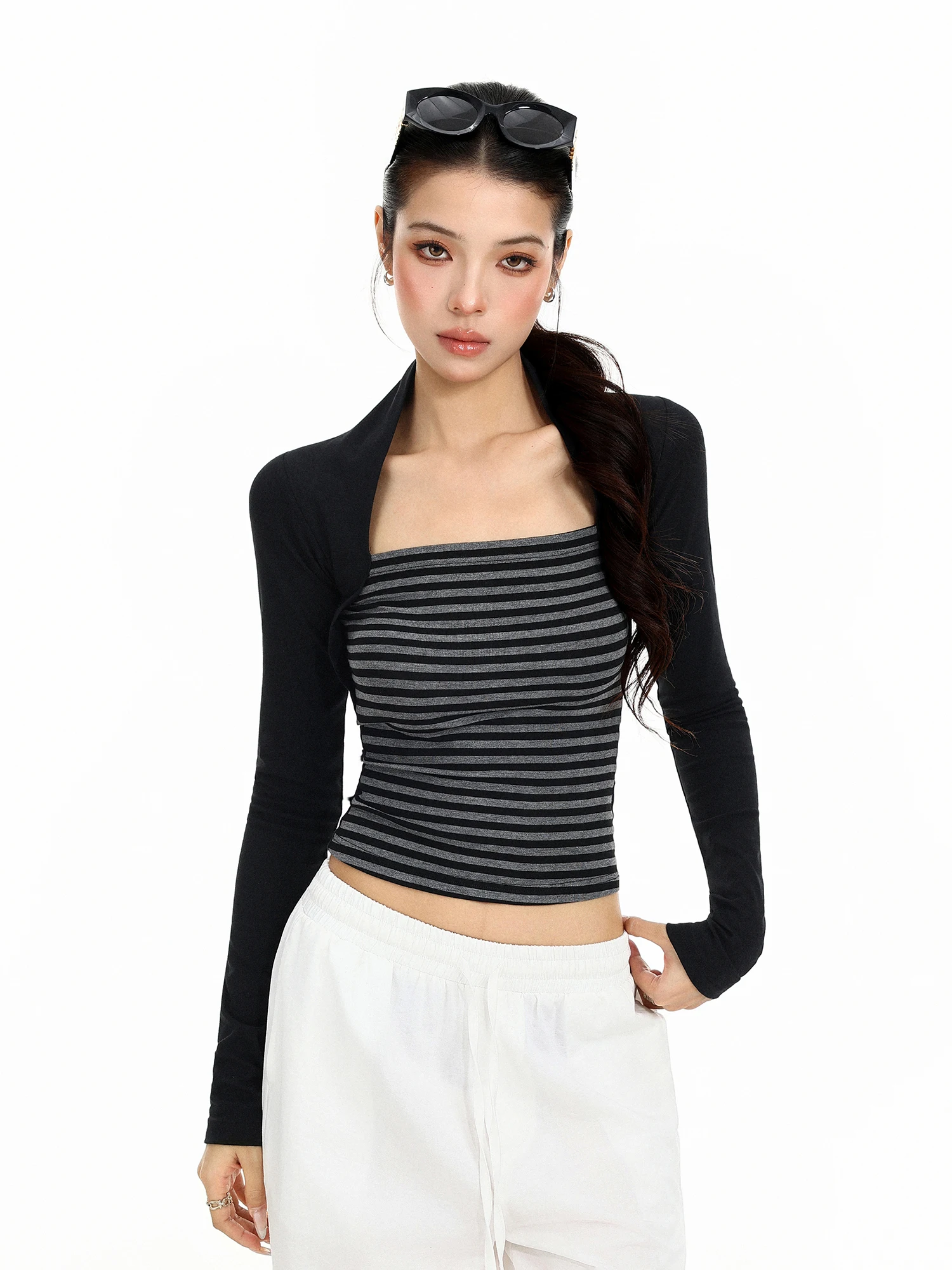 Korean Style Polka Dot Square Collar Long Sleeve T-Shirt Women's Initial Autumn Pure Desire Slimming Splice Fake Two-Piece ...