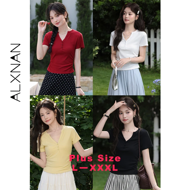 

ALXNAN Plus Size Yellow T-shirt Fashion V-neck Elegant Casual Women's T-shirts Summer Casual Short Sleeve Tops Ladies D11068