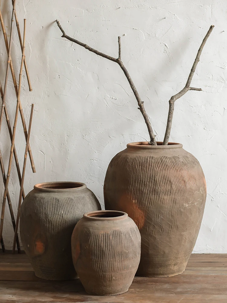 Extra Large Floor Ceramic Vase Yellow round Belly Retro Decorative Flower Pot for Living Room Landscape Decoration Rural Home...