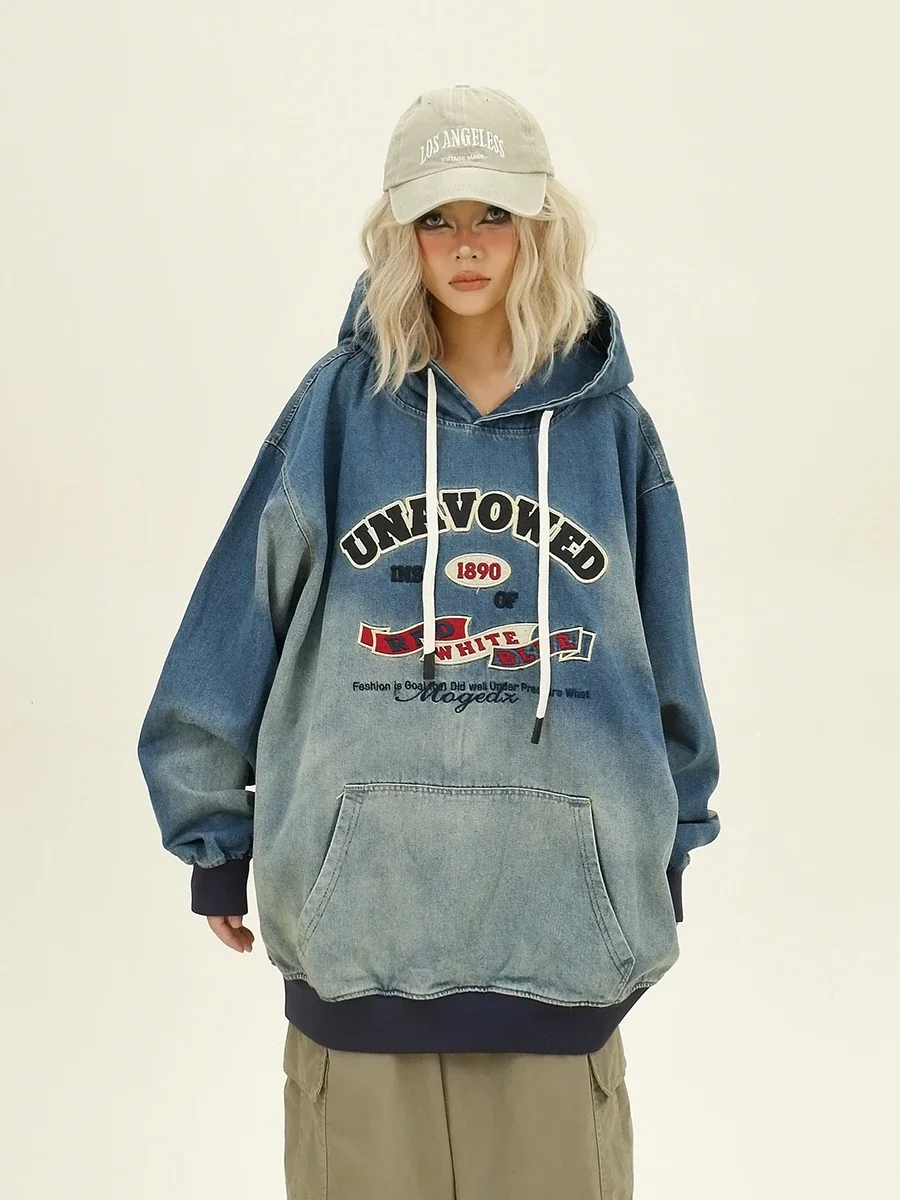 

Gradual Change Denim Hoodies 2024 Autumn New Loose Bf American College Style Couple Top Women