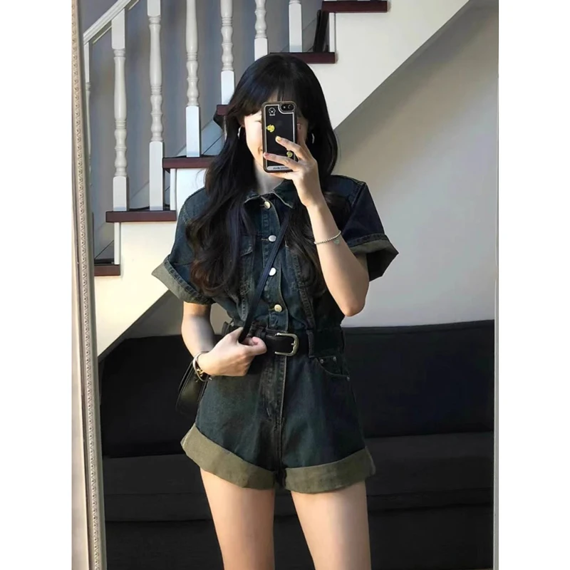 

Casual Denim Overalls Women's Set High Waist ort Pants Button Detail Korean Sle Commute Faion Spring 2024 New Arrival