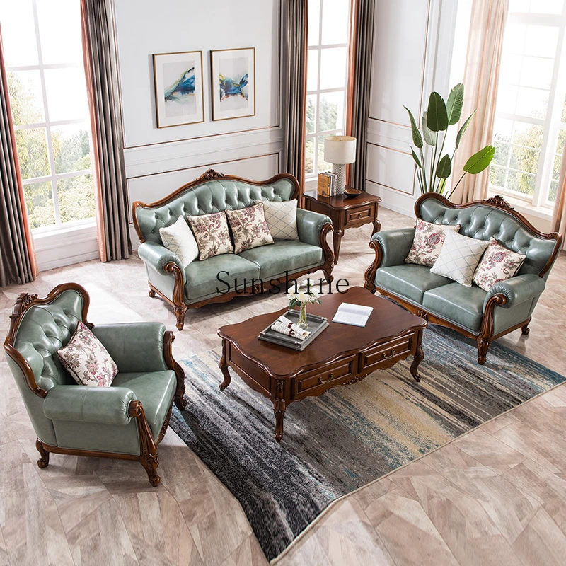 

American country solid wood leather sofa combination villa living room simple carving