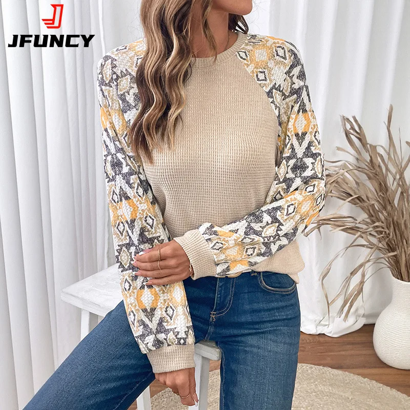 2025 Autumn Winter Women's Pullover Ethnic Style Long Sleeve Tee Shirt Tops with Patchwork Design