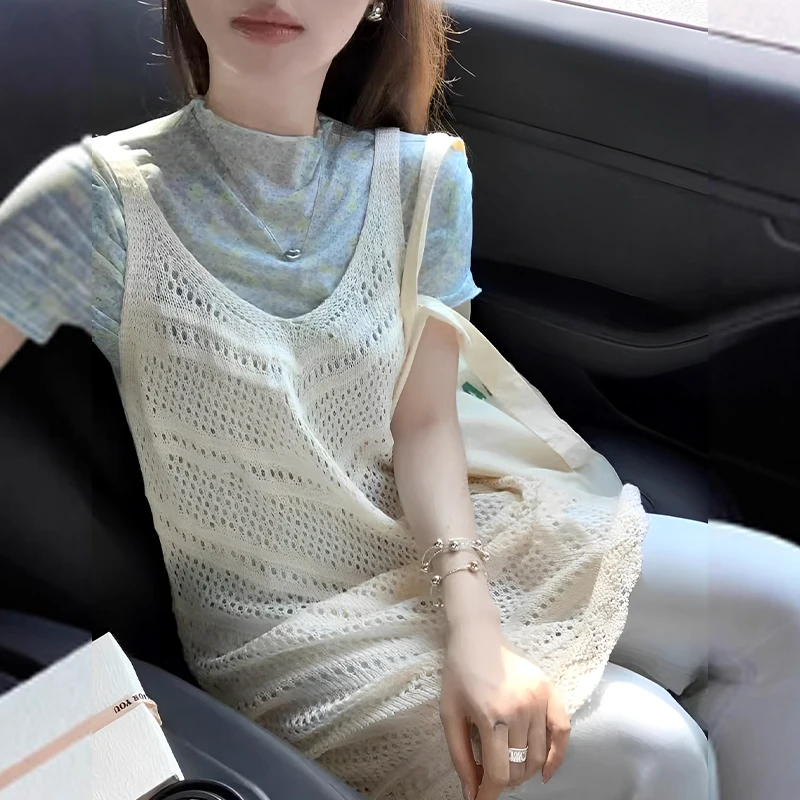 Vestido coreano de malha com decote em V oco com suspensório para mulheres blusa em camadas de comprimento médio