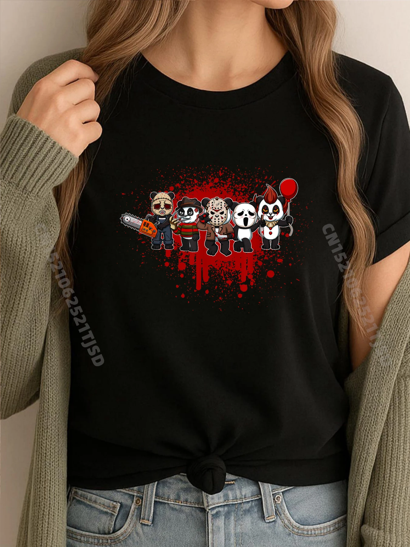 

Большая футболка My Little Horror Crew на Хэллоуин с пандой и медведем, женская дышащая футболка высокого качества