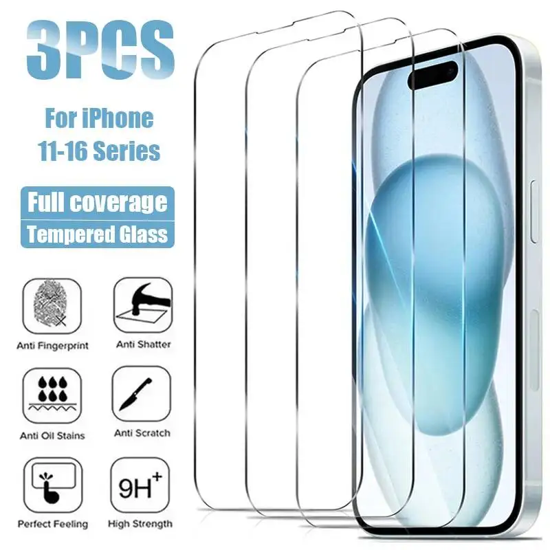 

3Pcs HD Tempered 14 15 16 Plus 16E Screen Protector For Iphone 13 12 11 Pro Max 12Mini Protective Glass