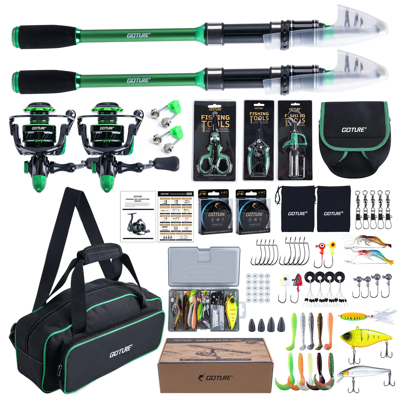 

Goture 2pcs Fishing Rod and 2pcs Reel Combos Carbon Fiber Telescopic Fishing Pole with Tackle Combo Sea Saltwater Freshwater Kit