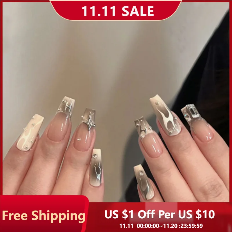 

24 шт., пресс для ногтей, серебряное пламя, типсы среднего уровня с полным покрытием для женщин и девочек, съемные носимые накладные ногти Occident