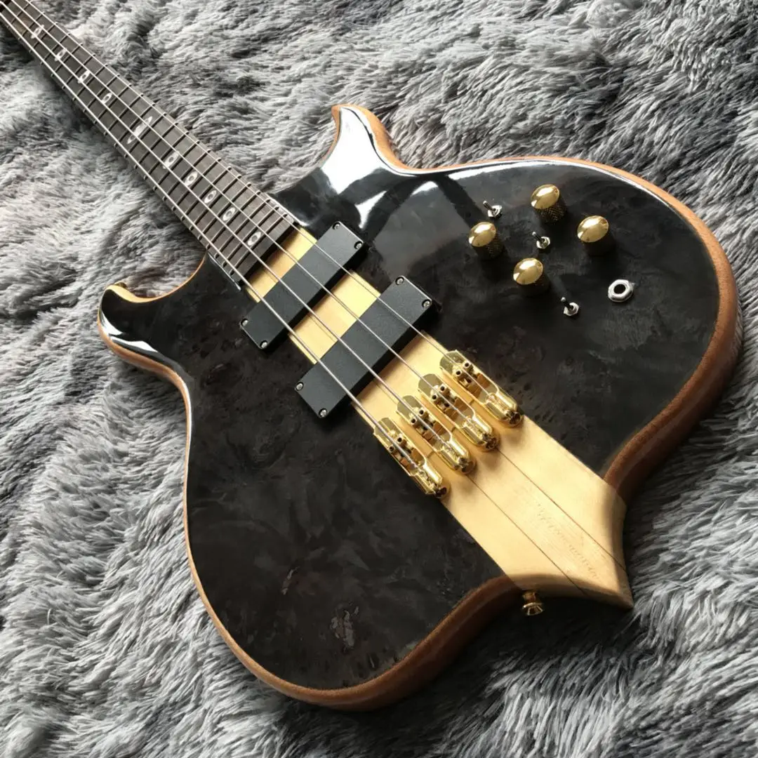 Custom Burst Maple Top 4 Strings Bass Guitar Neck Through Body Ebony Fingerboard Active Pickups Electric Bass