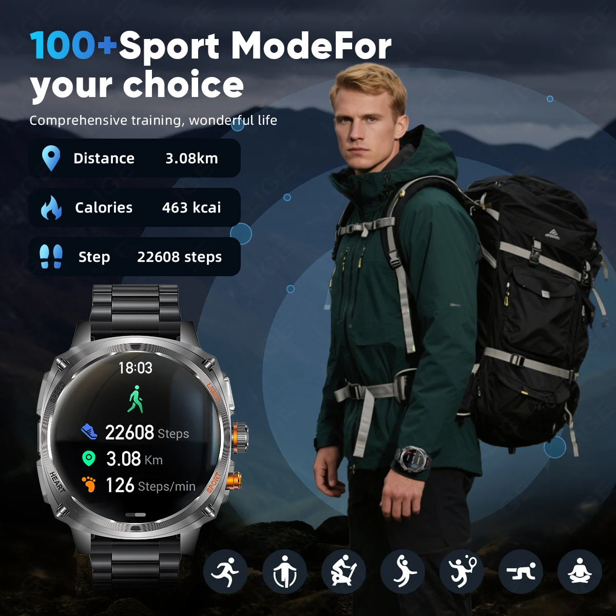 LIGE ساعة ذكية 1.75 بوصة HD عرض 800mAh بطارية كبيرة Smartwatch 100 + وضع رياضي IP68 إضاءة مقاومة للماء مصباح يدوي الساعات الذكية