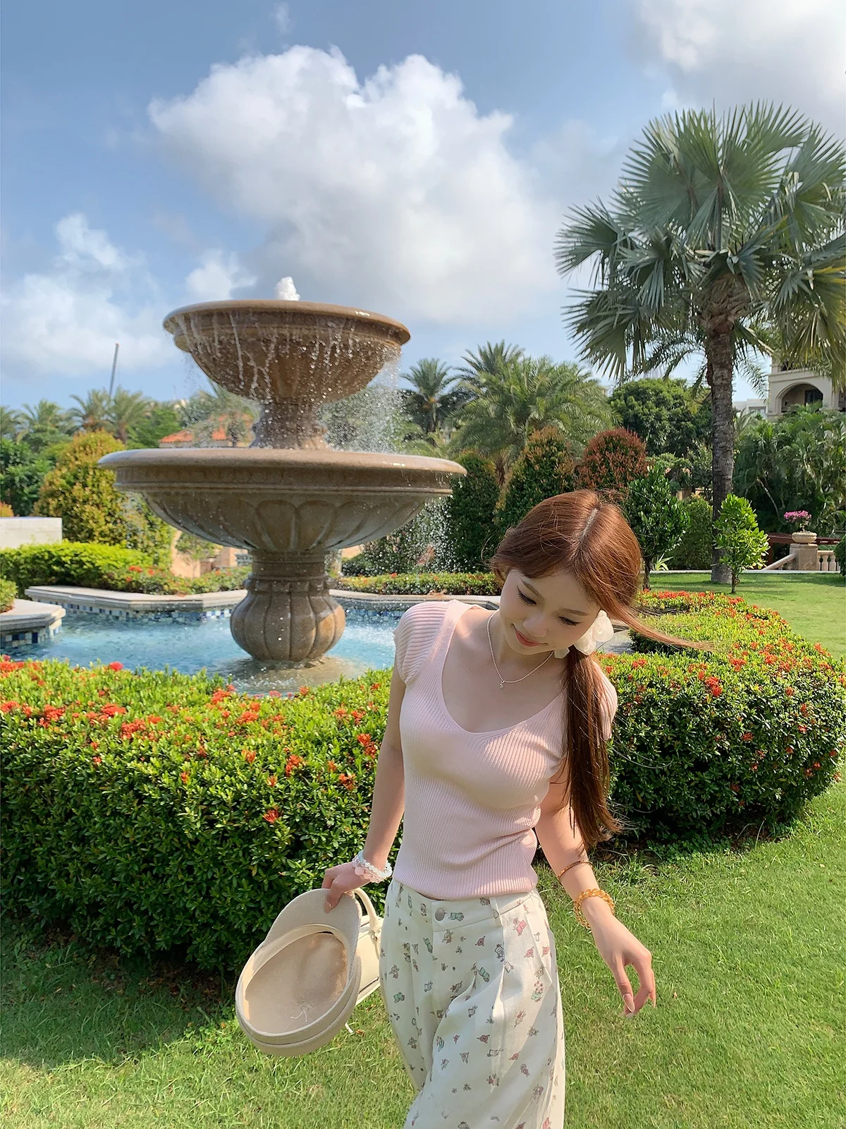 

FANCHOU Pink Knitted ort Sve T-irt Women's Slim Fit U-Ne Casual Sle Summer New Arrival Lightweight Top