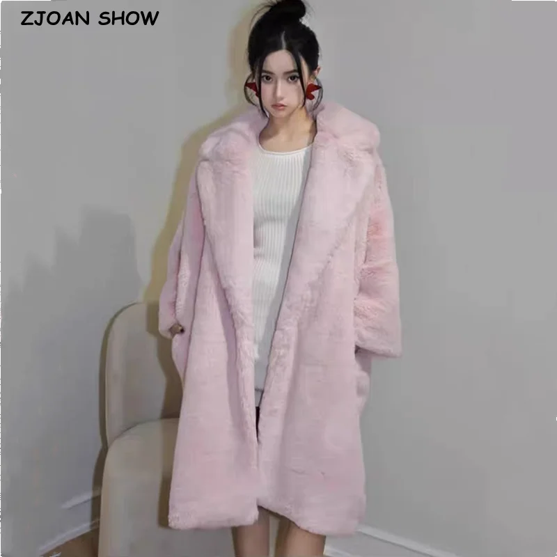 2023 Winter Pink Lapel Shaggy Soft Rabbit Faux Fur Coat Loose Long Sleeve Stay Warm Furry Jacket Women Midi Outerwear Gray