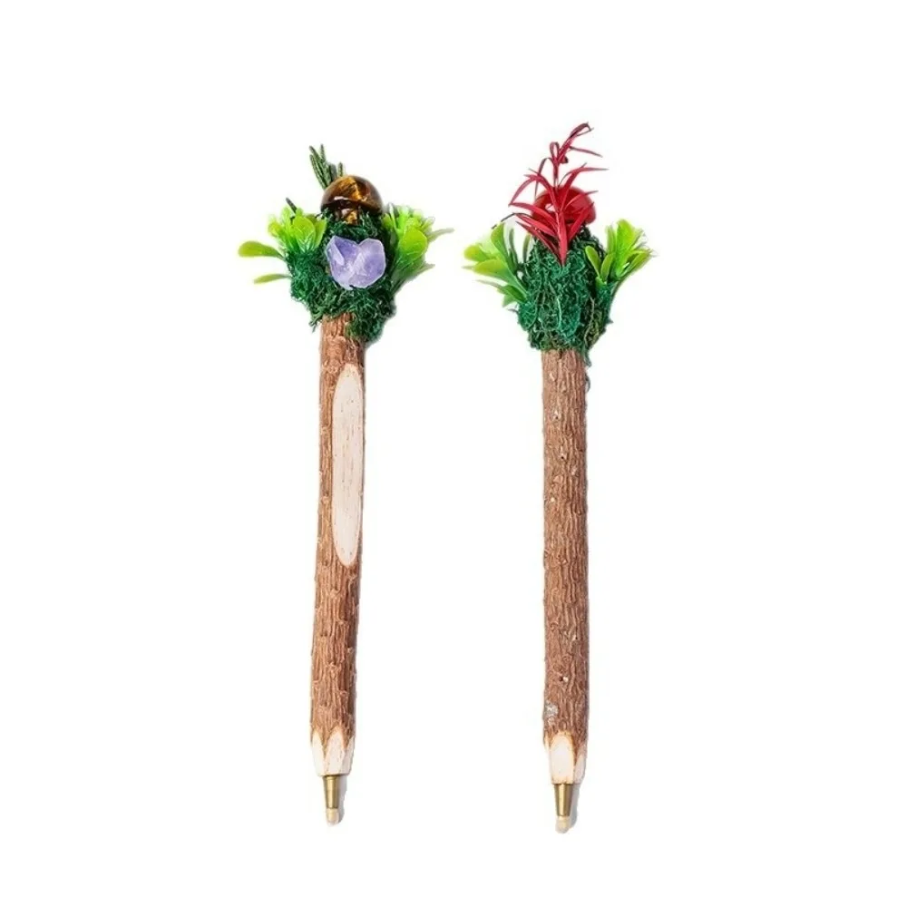 Rustic Wooden Wood Twig Ballpoint Pen Forest Style Portable Magic Wand Pen with Mushroom & Green Plant Decor