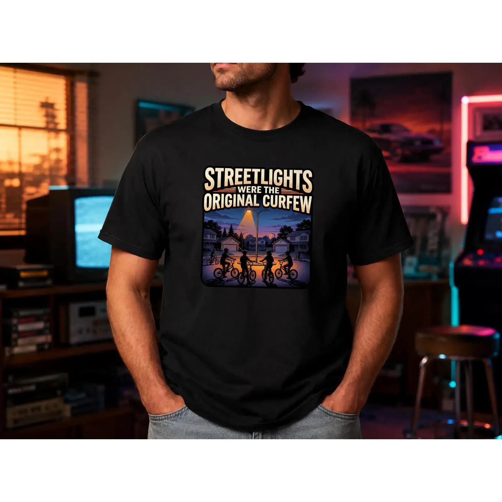 80s T shirt Streetlights Were the Original Curfew Retro Nostalgia for Kids vintage Washed homme Comfortable Stretched Stylish