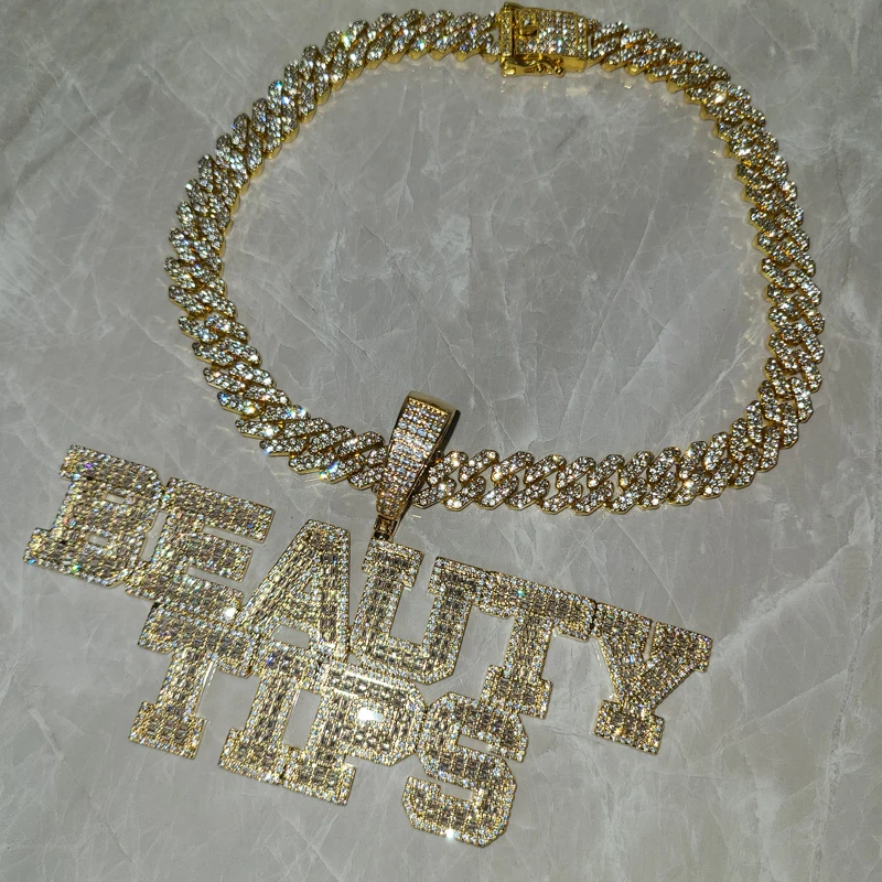 Custom Word Necklace Iced Out  AAAA Zirconia  Baguette  Letters With Big Hoop Cuban Chain Pendant For Men Women Hip Hop Jewelry