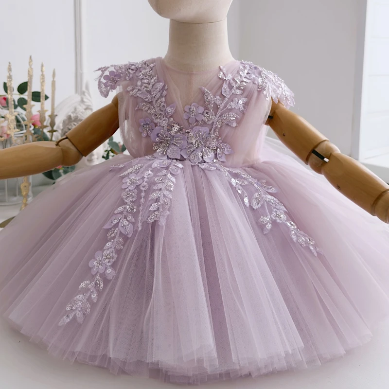 2026 Children Purple Princess Party Formal Pageant Gown Costume Dress Vestido Girls Sweet Cute Applique Baby First Birthday