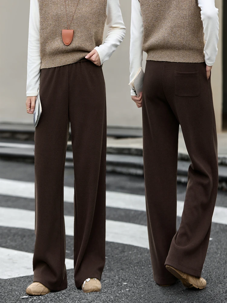 VIMLY Women's Pants Brown Vintage 2025 Autumn Casual Knitted Straight Long Pants Warm Draping Pockets Female Sweatpants A2519