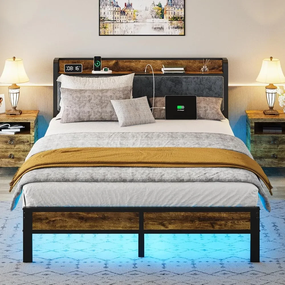 

Queen Bed Frame with Headboard, Metal Platform Bed with Smart LED Lights and USB Charging Station, Easy Assembly