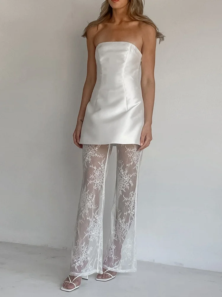 

Fantoye Elegant Strapless Sheer Lace Women Pant Sets White Backless Top High Waist Wide Leg Pants Lady Spring Slim Two Piece Set