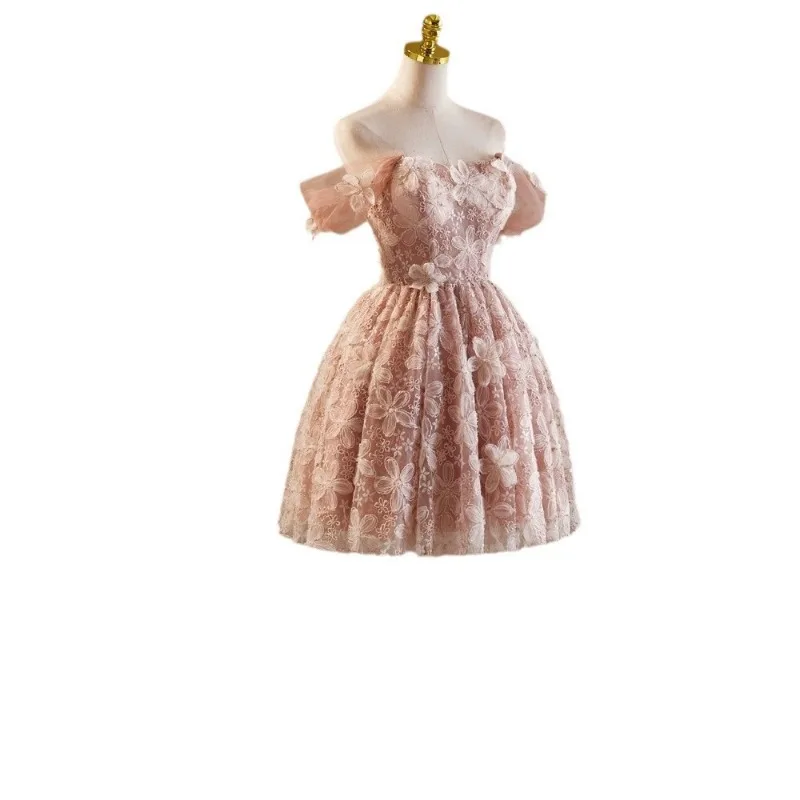 Pink Evening Gown with High-end Feel, Retro Mesh Short Design, Banquet, Annual Meeting, Birthday, Princess Dress, Temperament