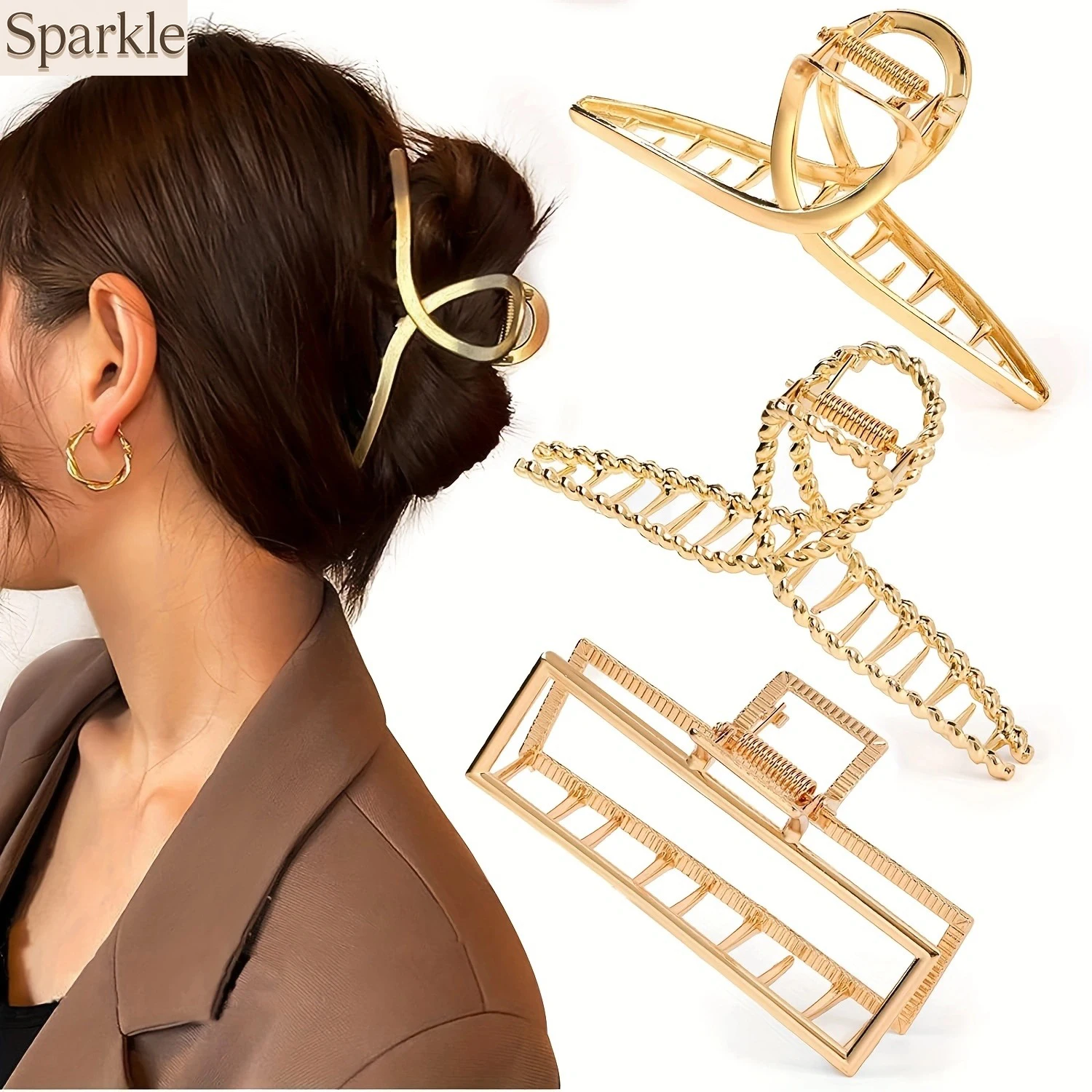 

3pcs Gold Metal Hair Claw Clips for Women Large Size Fashion Jaw Clamps Thick Hair Styling Accessories