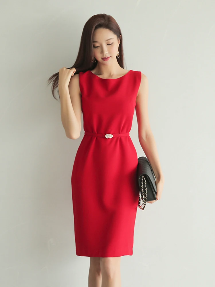 Elegant Red Dresses Women Simple Belt Slim Midi Robe Femme Professional OL Gown Party Formal Work Style Business Vestidos Mujer