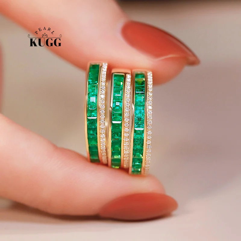 

KUGG 18K Yellow Gold Rings Fashion Shiny Style Real Natural Emerald Luxury Diamond Gemstone Ring for Women High Party Jewelry