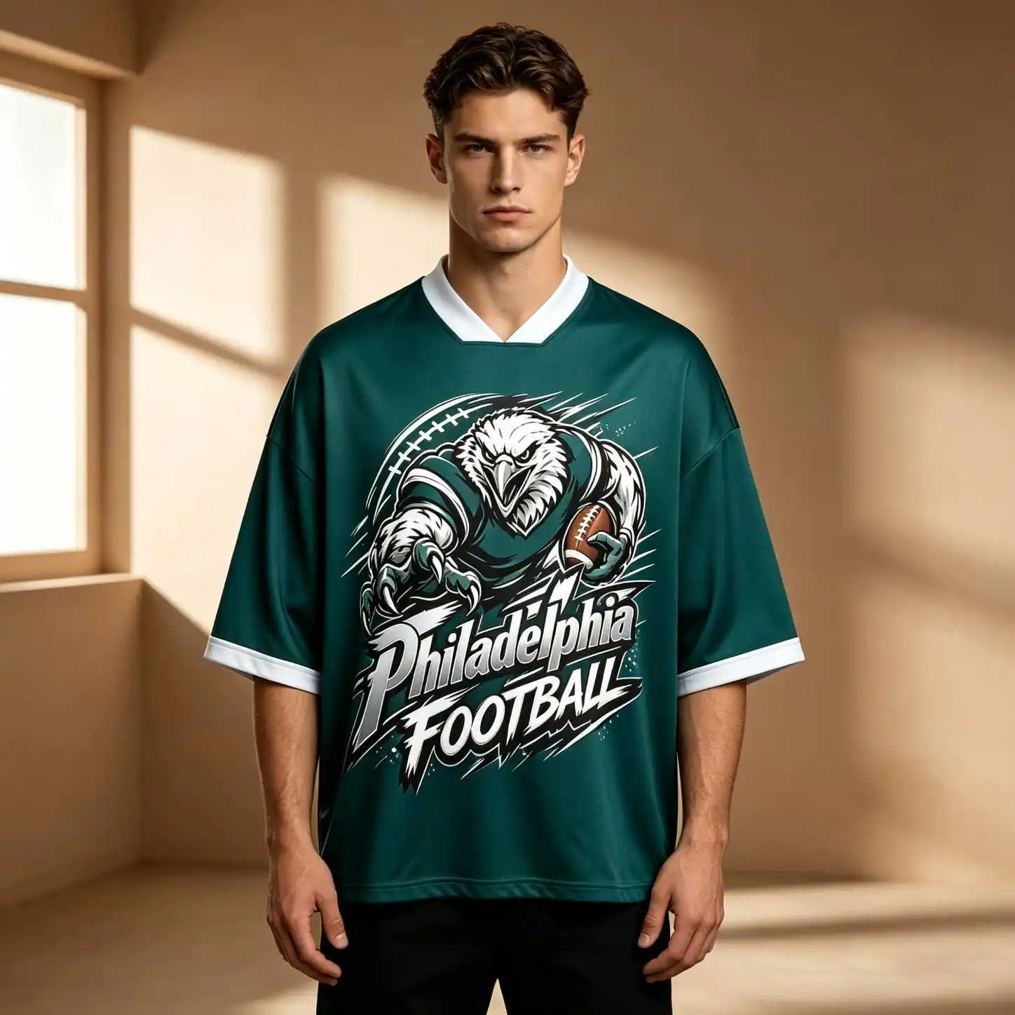 Sporty Men Oversized V Neck Elbow Sleeve Philadelphia Eagle Football Print Tee, Game Day Summer Loose Fit