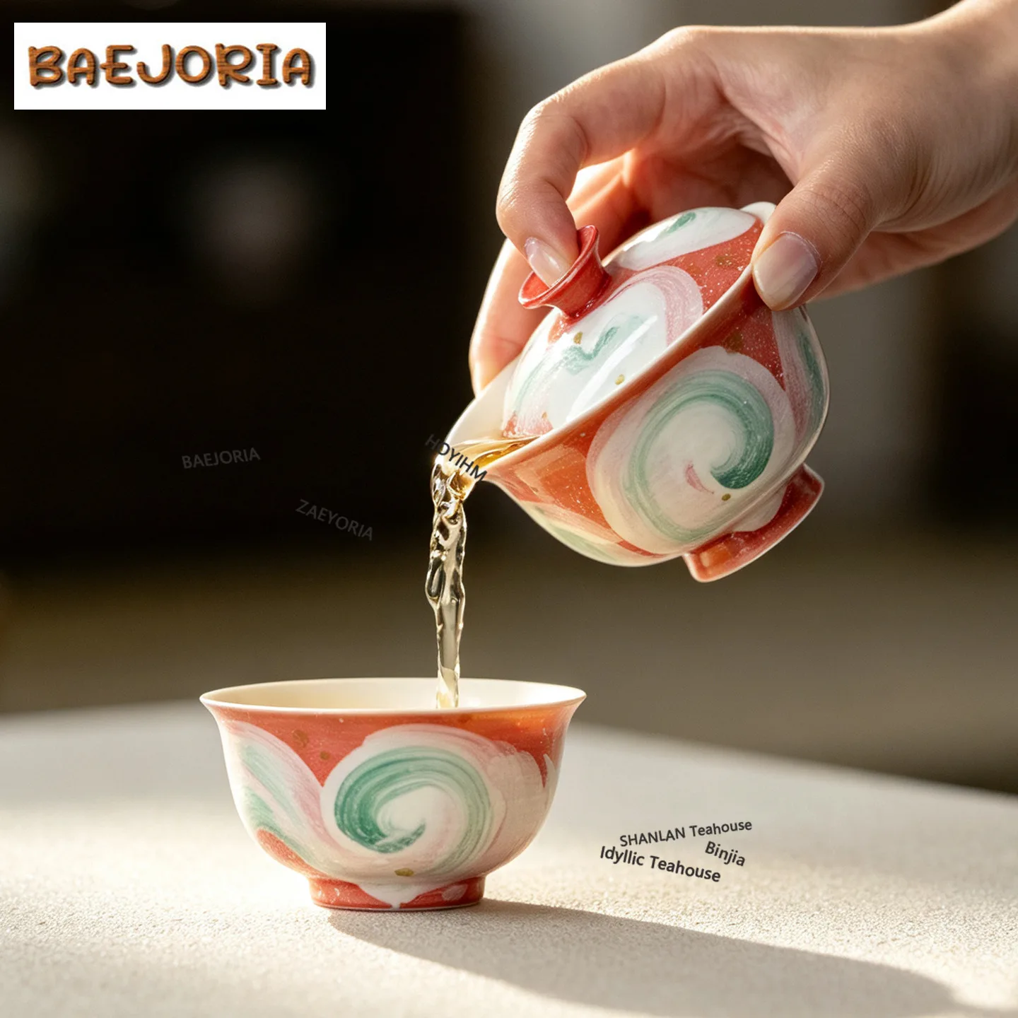 BAEJORIA Hand-painted Oil Painting Style Red Starry Sky Travel Tea Set Kit 1 Bowl 1 Cup Tea Maker Organizer Portable Picnic Bag