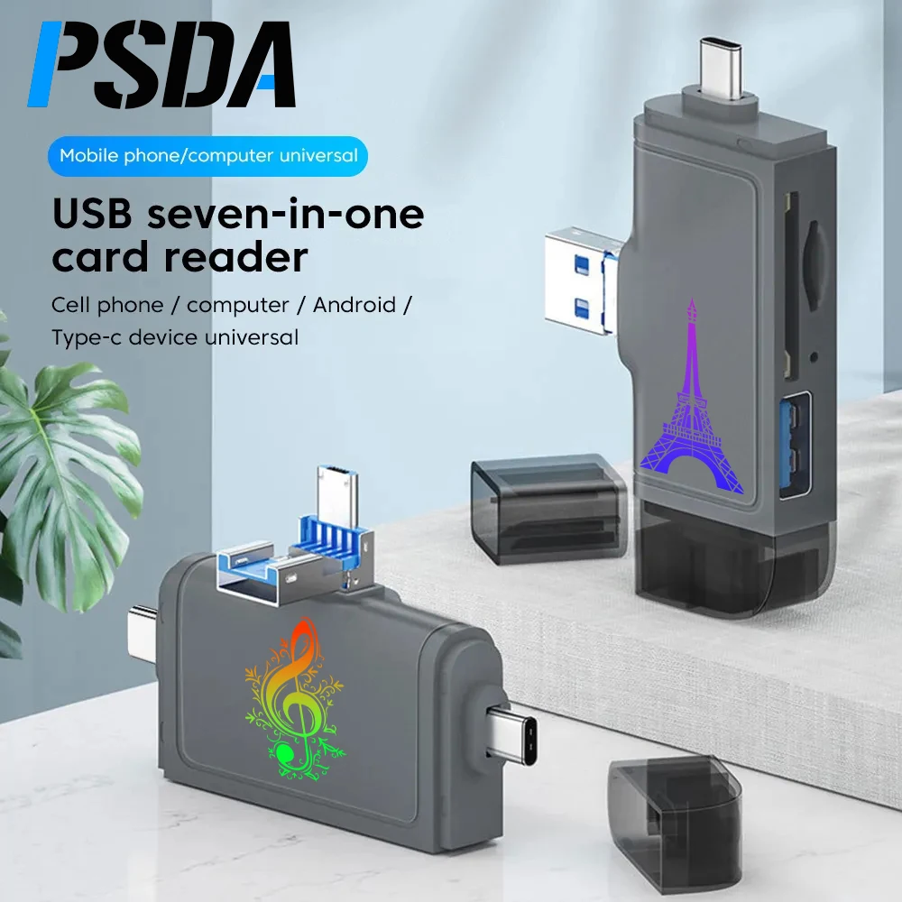 PSDA 3D 7 IN1 Multifunctional Card Reader SD TF USB Type-C Micro USB Card Reader OTG Converter Plug And Play For Phones Laptops