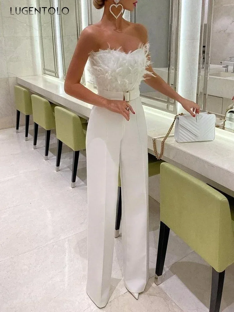 Women Sexy Jumpsuit Breast Wrap Spring Summer Fashion Female Elegant White Empire Casual Straight Long Jumpsuits