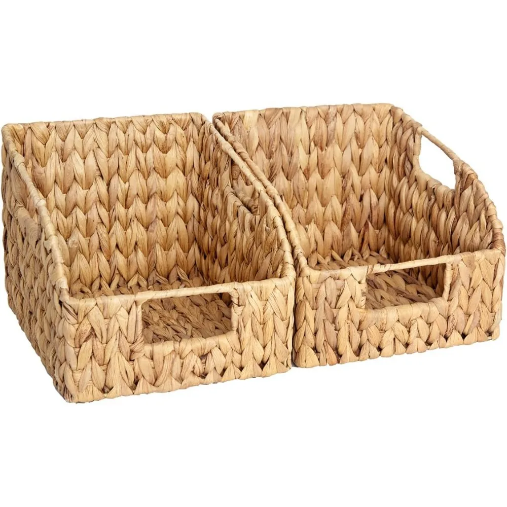 

Pantry Baskets for Organizing, Wicker Basket with Built-in Handles, Handwoven Wicker Storage Baskets, Water Hyacinth for Shelve