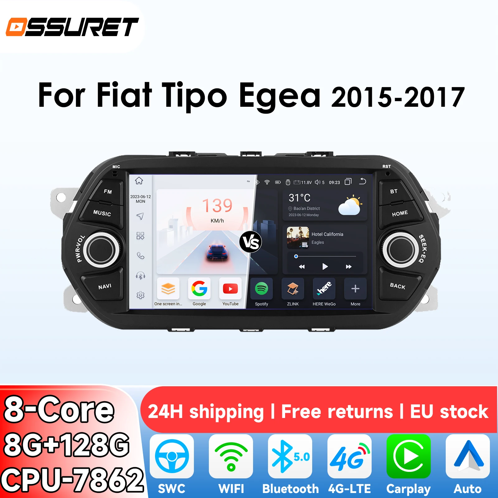 OSSURET 2Din 8G 128G Carplay 7 ''Android autoradio pour Fiat Tipo Egea 2015 2016 2017 GPS lecteur vidéo multimédia Navi 4G BT 7862