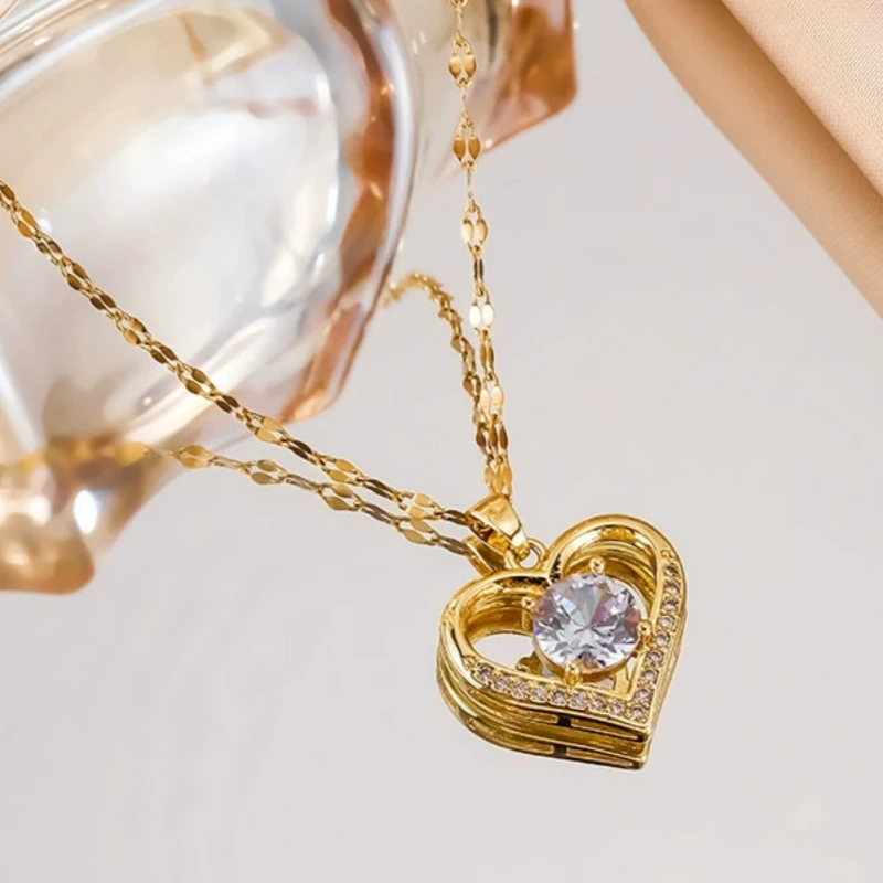 Htpwe Artificial Gems Heart Pendant Necklace for women Golden Stainless Steel Lips Neck Chain Female Necklaces Jewelry for Girl