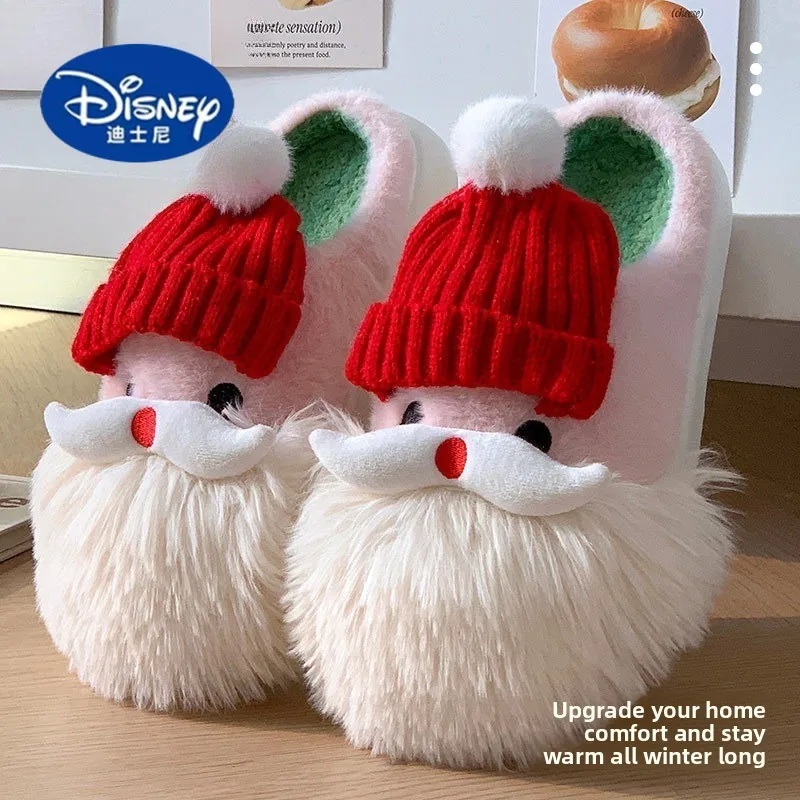 

Disney Christmas Slippers - Santa Claus Themed Plush House Shoes for Women, Warm & Slip-Resistant Outdoor Use