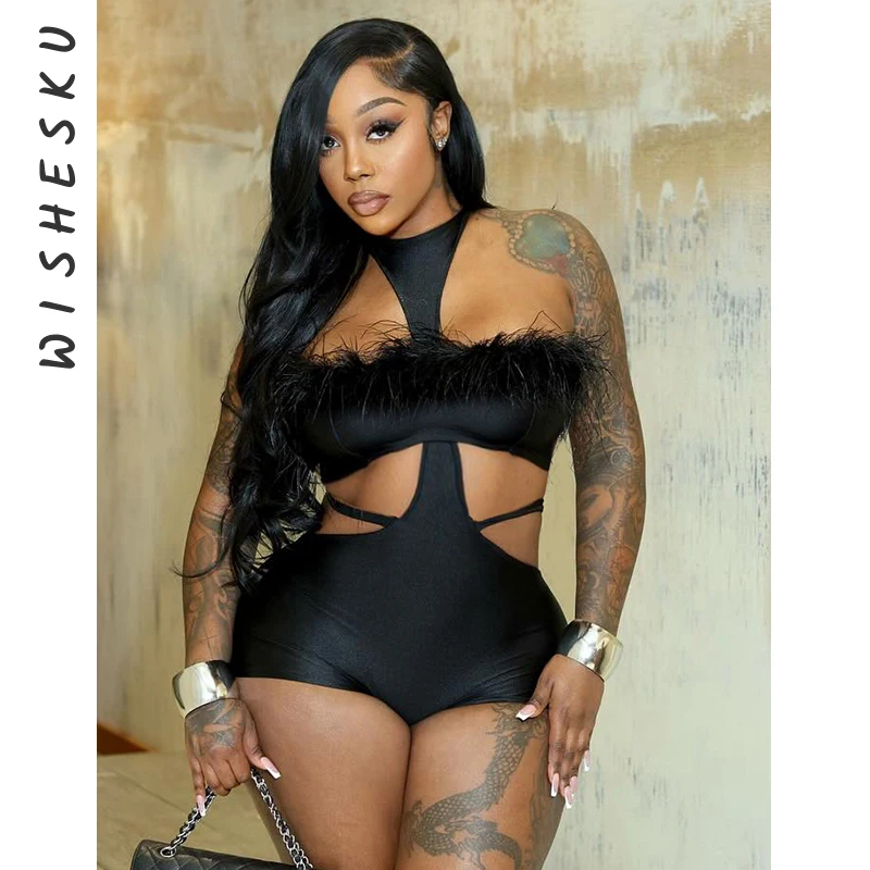 

Sexy Cut Out Furry Corset Bodysuits Women Sleeveless Backless Shorts Jumpsuits 2025 Summer Night Club Fairy Grunge Y2K Clothes
