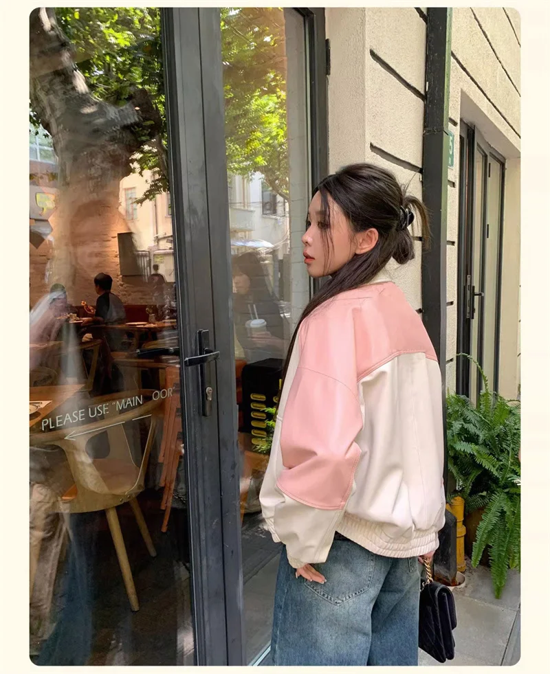 Contrast color patchwork leather jacket for women in the autumn of 2023 new popular sweet and fresh temperament top Commuting