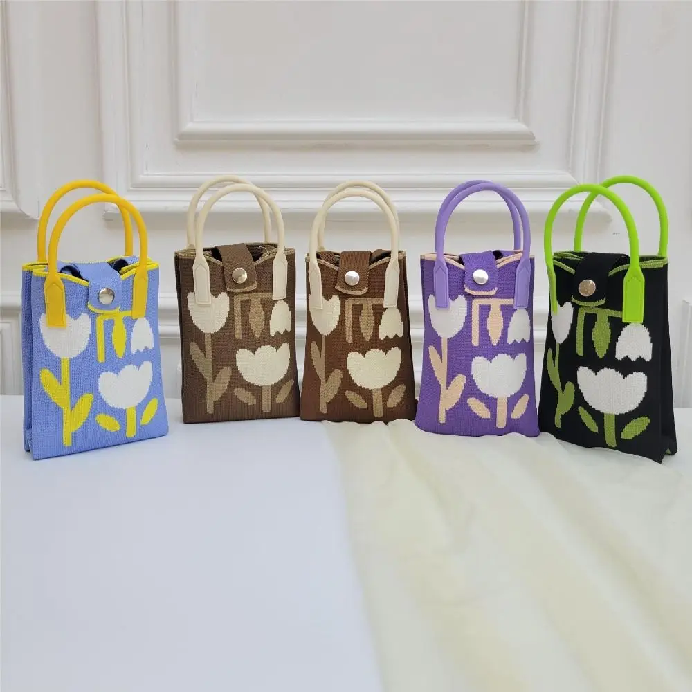 Mini Knit Handbag Reusable Tulip Pattern Cute Knot Wrist Bag High-capacity Knit Phone Bag Girl