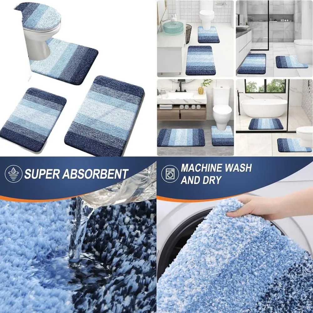 

Набор темно-синих ковриков для ванной комнаты из 4 предметов: мягкий коврик для ванной из микрофибры, U-образный чехол для унитаза, быстросохнущий и можно стирать в машине