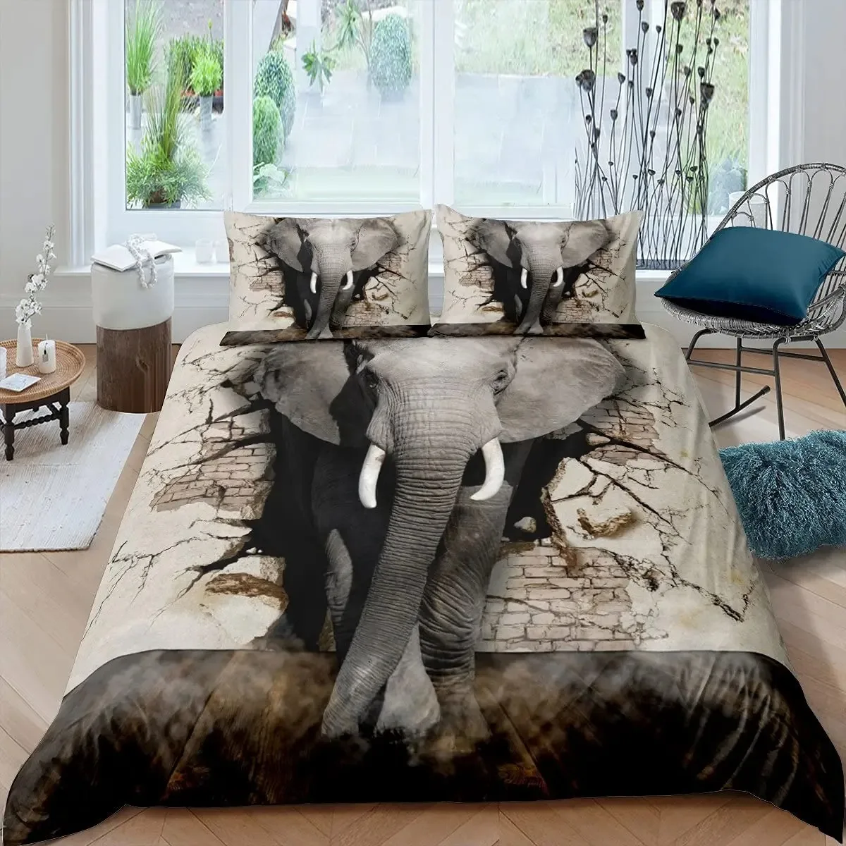 

3D Elephant Duvet Cover Set Queen Size African Safari Animal Comforter Set Wildlife Bedding Set Retro Wall Decor Bedspread Cover